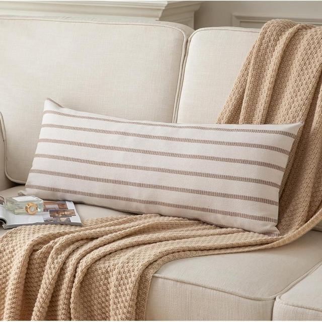 Boho Lumbar Throw Pillow Cover 14X36 Long Soft Farmhouse Decorative Couch Pillow Cases Beige Striped Body Pillow Covers Neutral Cushion Covers for Sofa Bed Living Room Home Decor Pack of 1
