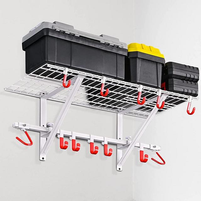 PLKOW Garage Wall Shelving 1 Pack Includes Bike Hooks, Sturdy Adjustable Garage Shelving Wall Mount (White, 1 Pack, New)