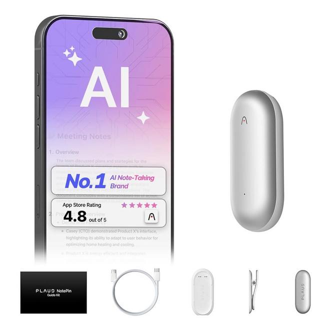AI Voice Recorder, PLAUD NotePin Voice Recorder, App Control, AI Notetaker, AI Transcribe & Summarize, Support 112 Languages, 64GB Memory, Audio Recorder for Lectures, Meetings, Lunar Silver