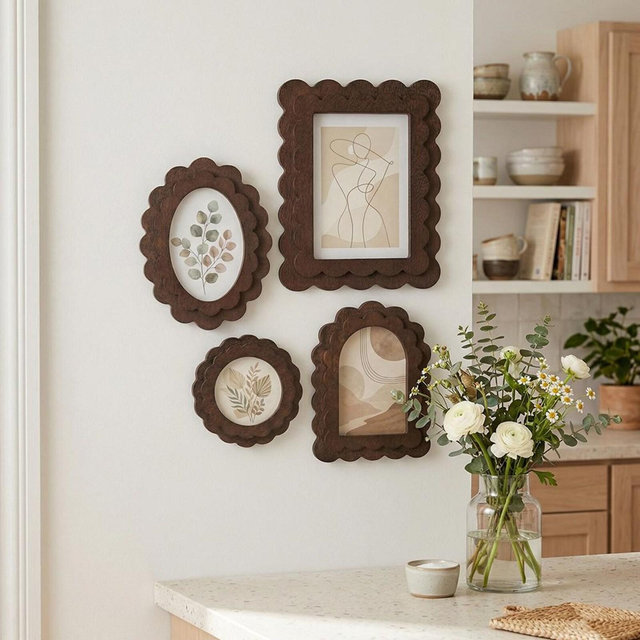 Scalloped Wavy Wooden Picture Frame Set, Vintage Arch Oval Photo Frame, Gallery Wall Frame Set 4x4 4x6 5x7, Available Single or Set