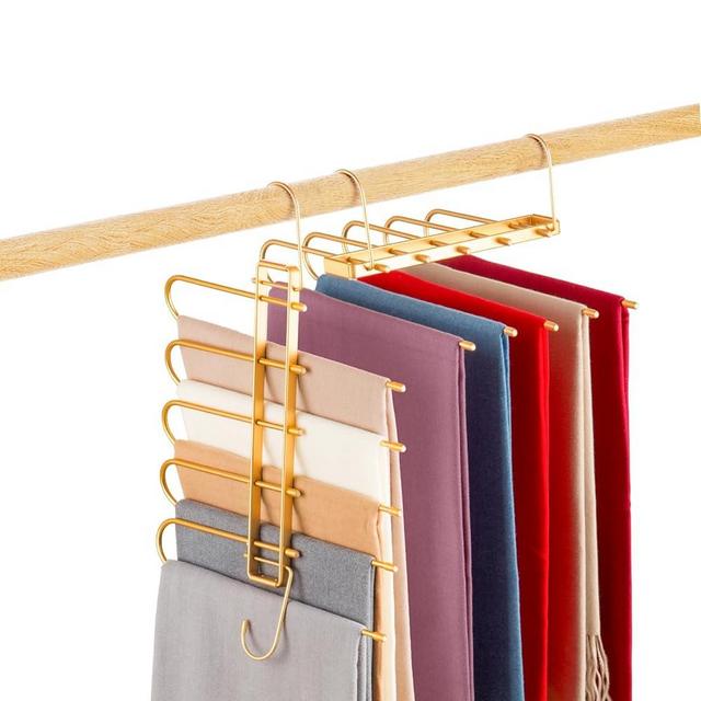 Pants Hangers Space Saving,Closet Hangers 5 Layers 2 Uses Multi Functional Pants Rack,Metal Heavy Duty Wardrobe Organizer Racks for Clothes Trousers Scarves Ties (2Pack Gold)