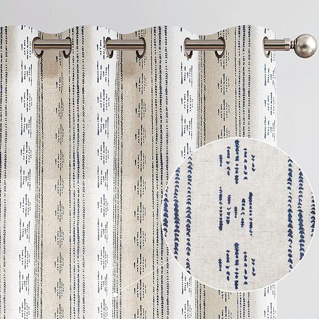 jinchan Boho Curtains Linen Curtains for Living Room Blue Farmhouse Curtains 84 Inch Length Geometric Striped Mudcloth Grommet Country Curtains 2 Panels Blue on Beige