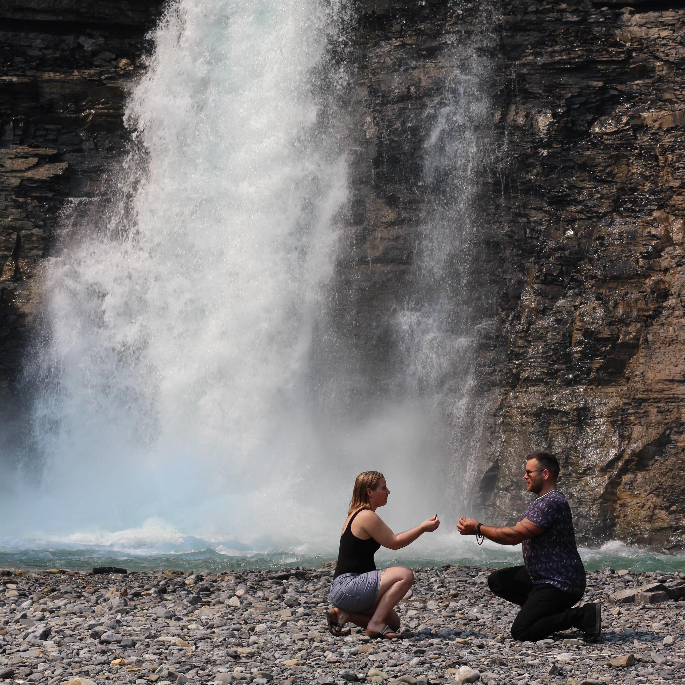 Proposing to each other at Crescent Fall in Clearwater County (2021) - this was the location of our first hike together in 2019 on our first road trip and camping trip