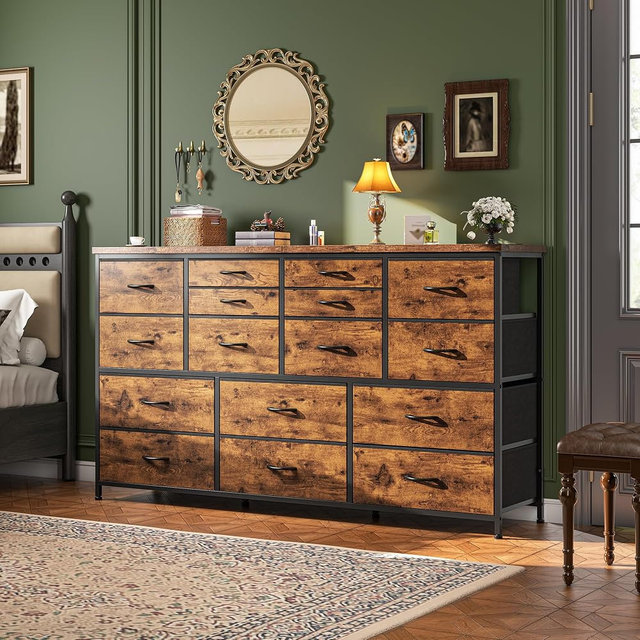 Romorgniz Dresser for Bedroom with 16 Fabric Drawers Long Dresser with Charging Station TV Stand for 60" TV Dressers & Chest of Drawers for Bedroom, Living Room, Rustic Brown