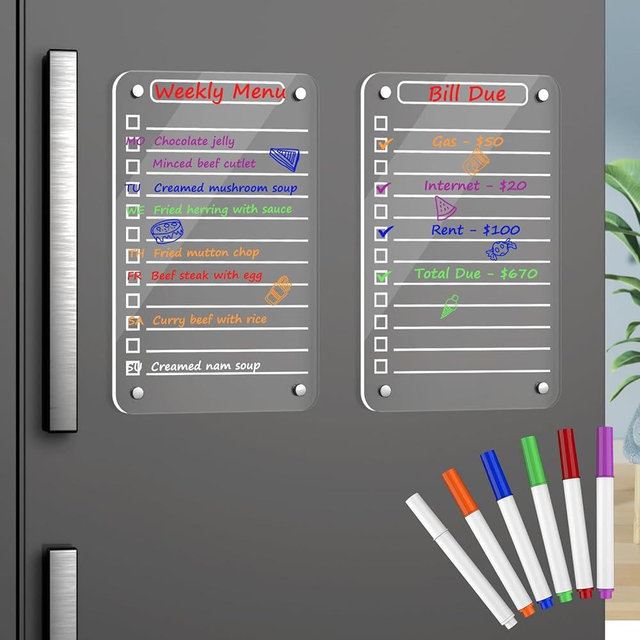 2 Pcs Acrylic Magnetic Dry Erase Board for Fridge, 6"x12" Magnetic to Do List Board, Multifunctional Clear Acrylic Note Board for Refrigerator, Includes 6 Colors Markers
