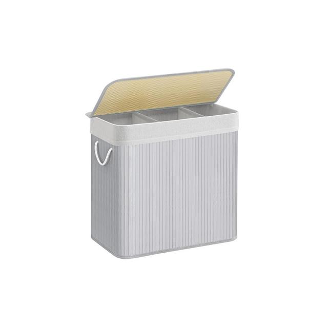 SONGMICS 39.6Gal Laundry Hamper, 3-Section Laundry Basket, Laundry Hamper with Lid, Bamboo, Foldable, Removable and Machine Washable Liner,Gray