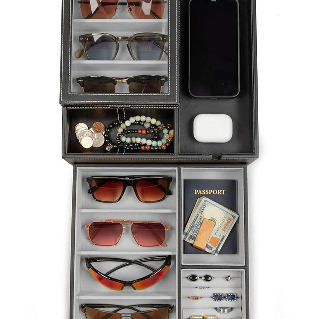 HOUNDSBAY Lookout Sunglasses and Eyeglasses Organizer Storage Display Case Dresser Valet Box Charging Station (Black/Gray)