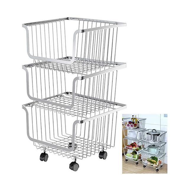 Storage Stacking-Bins Rolling Metal Wire-Market-Basket Pantry Organizer w/Wheels (3 Baskets)