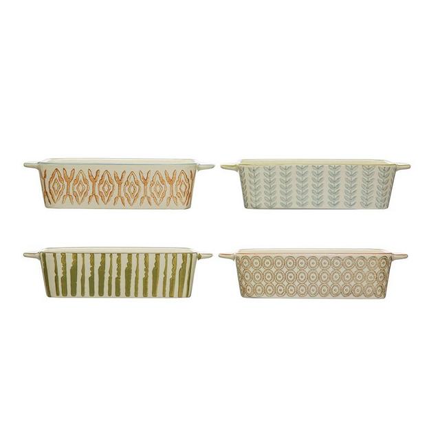 Creative Co-Op Hand-Stamped Stoneware Bake Pans, Set of 4 Styles, Multicolor Baker, Multi