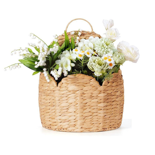 Scalloped Edge Hanging Planter Basket,Water Hyacinth Woven Wall Baskets for Front Door,Hangable Storage Organize for Flowers,Mails,Wicker Handmade Baskets for Garden,Farmhouse,Home Decor