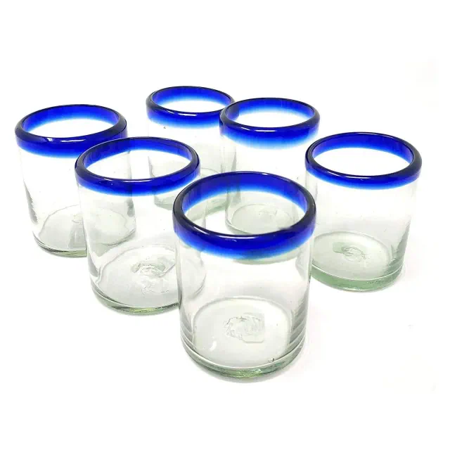 Dos Sueños Mexican Hand Blown Tumblers - Blue Rim - 10oz - Set of 6