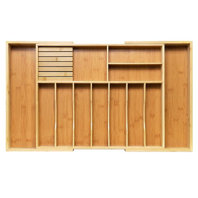 VaeFae Extra Large Kitchen Utensil Holder, Bamboo Silverware Drawer Organizer, Expandable Cutlery Organizer with Knife Block, Multifunctional Drawer Divider (10-12 compartments)