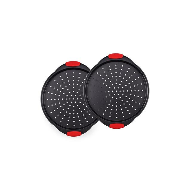 NutriChef Non-Stick Pizza Tray - with Silicone Handle, Round Steel Non-stick Pan with Perforated Holes, Premium Bakeware, Pizza Tray