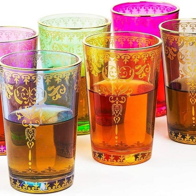 Moroccan Glasses Artisan Hand-Made Multipurpose 170 ml 6 oz Tea, Coffee and Wine Moroccan, Hot & Cold Tumbler - Marrakech & Casablanca Tea Cups Set of 6 Hand Blown Colorful Made in Morocco (6 Colors)