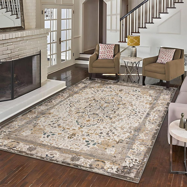 Rineflo-8'x10' Area Rugs,Machine Washable Rug for Living Room Dinner Room Bedroom,Bohemian Style Soft Non Slip Rug Carpet,Oriental Vintage Low Pile Large Area Rug (Brown, 8'x10')