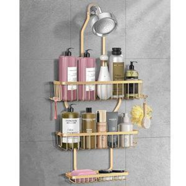 Shower Caddy Hanging - Never Rust Shower Hanging Organizer - Aluminum Over the ShowerHead Caddy with Soap Basket and 6 Razor/Sponge Hooks (Gold)