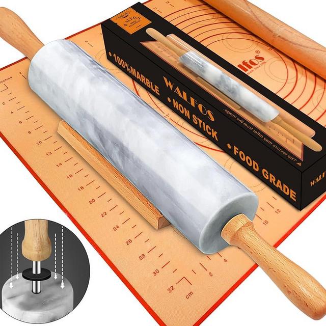 Walfos Marble Rolling Pin Set With Non Stick Silicone Pastry Mat, 16.5 Inch Dough Rolling Pins For Making Pizza, Tortillas And Cookies, Backing Rolling Pin For Pie Crust, Pizza, Pasta (Gray & White)