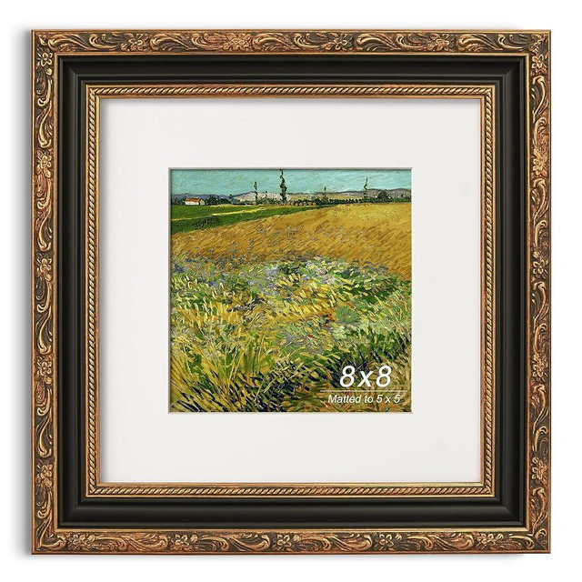 GiftMust Antique 8x8 Picture Frame, Ornate Embossing Frame with Paper Mat and Real Glass, Fit for 8x8 without Mat or 5x5 with Mat, Tabletop or Wall Mounting Display, Black and Antique Gold, 1 Pack