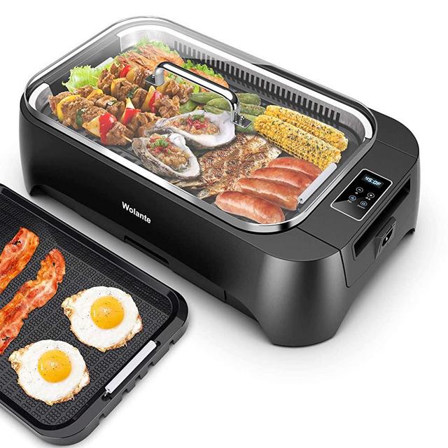 Smokeless indoor Grill 1500W Electric Grill Griddle, Wolante Interchangeable Non-stick BBQ Grill Griddle with Turbo Smoke Extractor Technology, 4D Trap Heat Technology ,Drip Tray& Removable Plate,Dishwasher-Safe