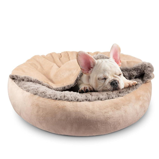 JOEJOY Dog Beds for Small Medium Dogs, Cozy Cuddler Luxury Puppy Pet Bed with Blanket Attached, Donut Round Calming Anti-Anxiety Dog Burrow Cave Bed - Anti-Slip Bottom and Machine Washable 26 inch