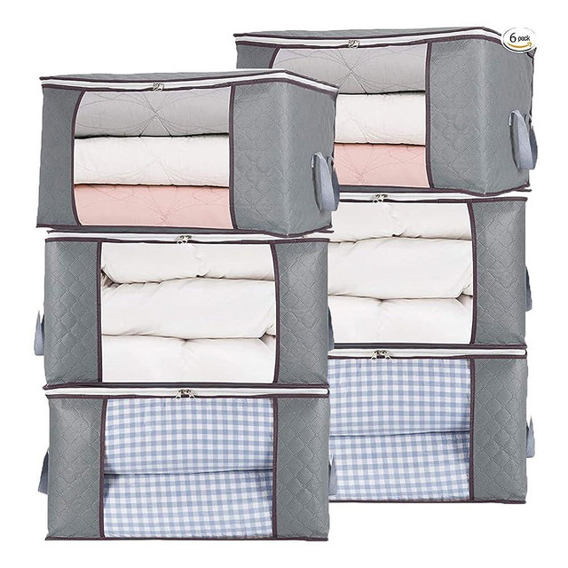 combocube 6Pcs Jumbo Zippered Storage Bag for Closet King Comforter, pillow, quilt, bedding, Clothes, Blanket Organizers with Large Clear Window & Carry Handles Space Saver