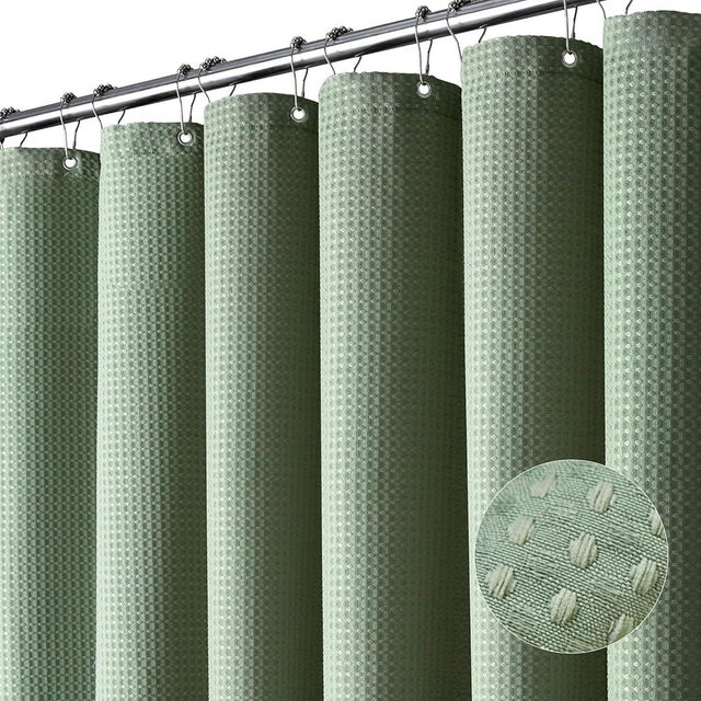 Dynamene Stall Fabric Shower Curtain - 36x72 Waffle Weave Weighted Cloth Shower Curtains for Bathroom, Neutral Heavy Duty Hotel Spa Luxury Bath Curtain Set with 6 Plastic Hooks,Sage Green