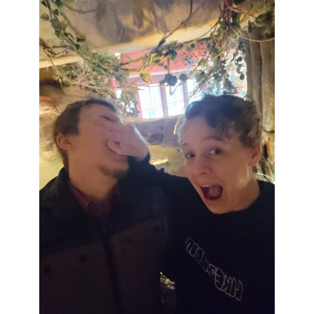This was on the Riverwalk at the rainforest cafe. We were being silly.
