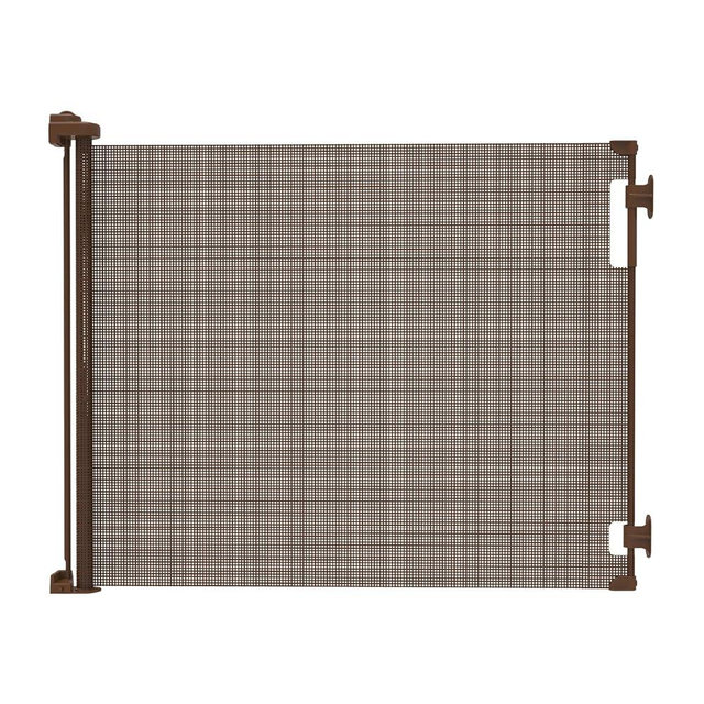 Retractable Baby Gate Perma Child Safety 33" Tall x 71” Wide, Mesh, for Stairs, Doorways, Dogs, Pets, Indoor, Outdoor, One-Handed Operation, Locking, Easy Install, Hardware Mount, Brown