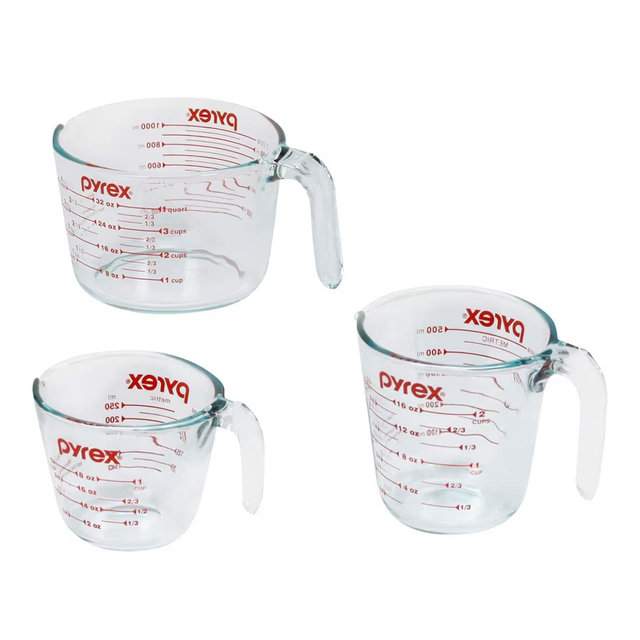 Pyrex Essentials (3-Pack) Glass Measuring Cups Set, (1, 2 & 4 Cup) Measuring Cups For Prepping, Baking and Cooking, Preheated Oven, Dishwasher, Freezer, and Microwave Safe