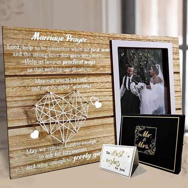 Wedding Gifts for Couple, Marriage Prayer for Wedding Anniversary | Newlywed Couples with Handmade String Heart, Bridal Shower Gift | Engagement Gifts Wood 4x6 Picture Frame
