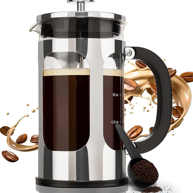 BAYKA 34 Ounce 1 Liter French Press Coffee Maker, Heat Resistant Thickened Borosilicate Glass Stainless Steel Coffee Press, Cold Brew Coffee Pot Tea Press for Kitchen Travel Camping, Silver