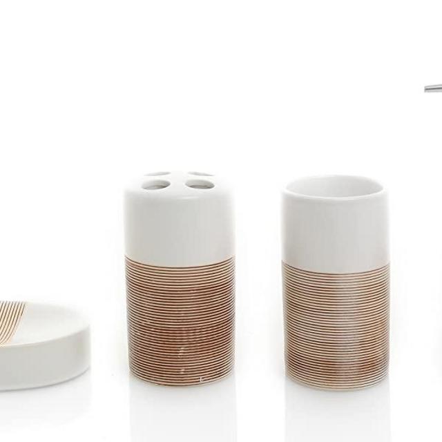 MyGift Deluxe 4 Piece White & Beige Ceramic Bathroom Set w/Soap Dispenser, Toothbrush Holder, Tumbler & Soap Dish