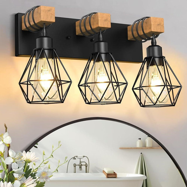 IZORRO Farmhouse Bathroom Vanity Light Fixtures, 3-Light Wood Bathroom Lighting Fixtures Over Mirror, Black Rustic Industrial Sconces Wall Lights with Metal Lampshade for Living Room, Bedroom