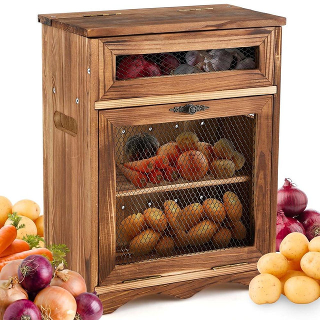 Colingmill Wooden Countertop Storage Cabinet Potato and Onion Bin Box Wooden Bread Storage Bins Potato Container with Lid for Kitchen Pantry, 11.8 x 6.8 x 16 inch