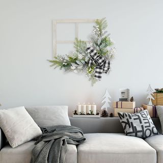 Square Window Frame Door Hanging with Greenery and Plaid Bow