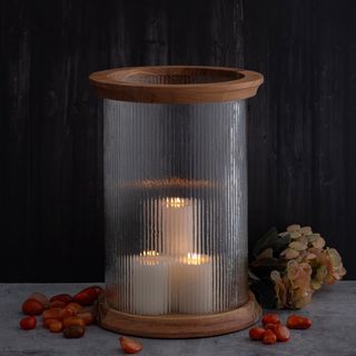 Acacia Wood with Fluted Glass Lantern