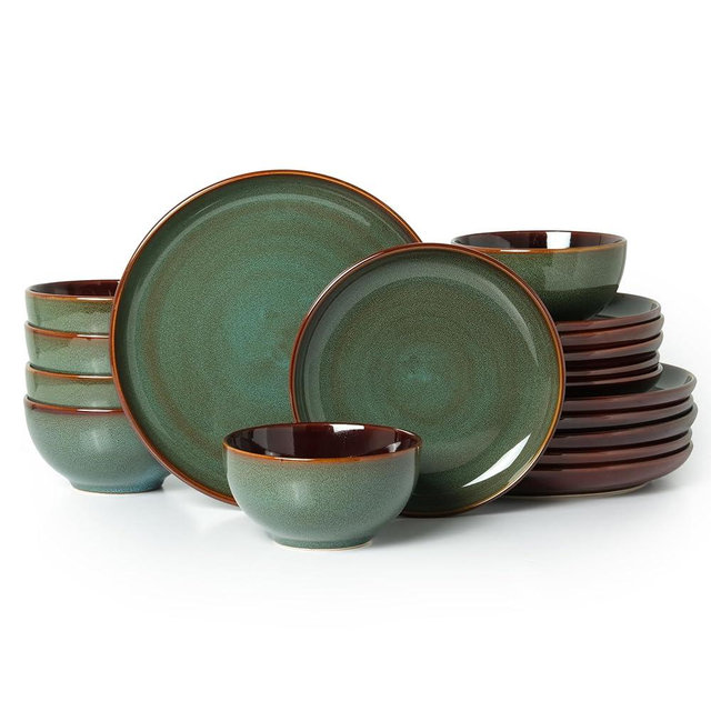 Pokini Stoneware Dinnerware Sets for 6, Microwave Safe Plate and Bowl Set, Easy to Clean & Durable Dishes Sets for Small to Medium Families, Sage Green