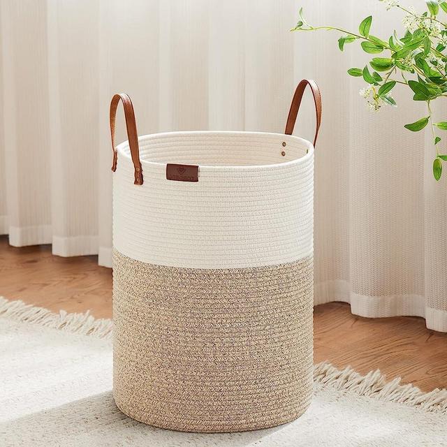 VIPOSCO Small Laundry Basket, Slim Baby Hamper with Leather Handle, Cute Woven Rope Storage Basket for Blanket, Kids Toy, Clothes In Living Room, Bathroom, Bedroom, Nursery Room - 30L White & Brown
