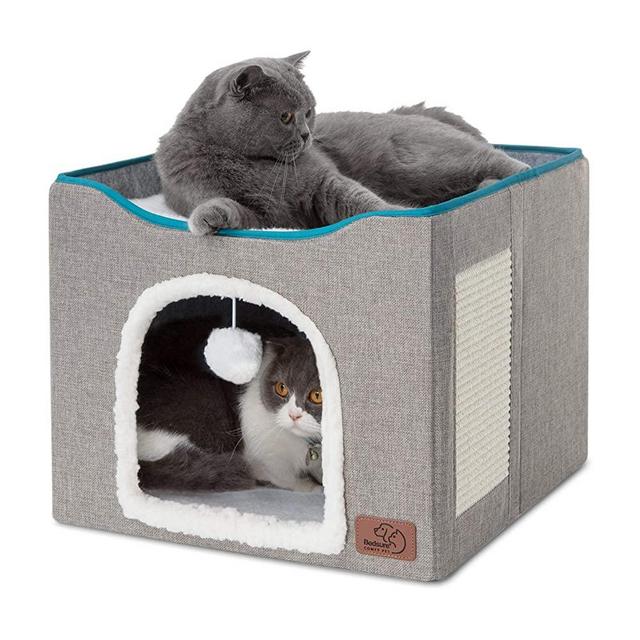 Bedsure Cat Cube, Foldable Cat Cubes for Indoor Cats, Cat House Indoor - Large Cat Bed with Fluffy Ball Hanging and Scratch Pad, 16.5x16.5x14 inches, Grey