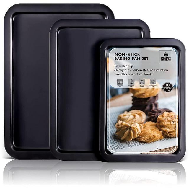 HONGBAKE Baking Sheets for Oven Set of 3, Cookie Sheet Pan for Baking Nonstick Set, Half/Quarter/Jelly Roll Baking Tray with Wide Edge - Dark Grey