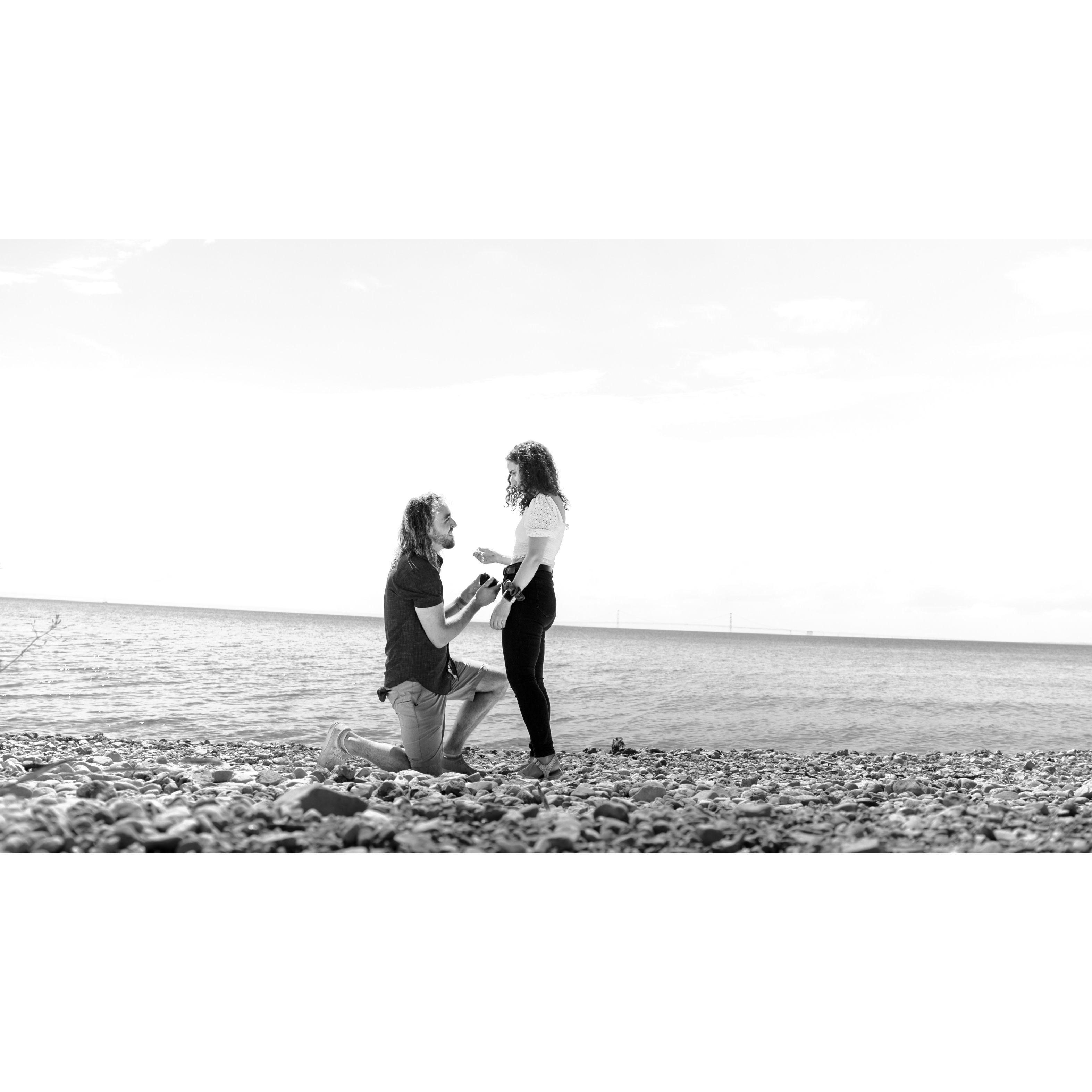Proposal in front of the Grand Hotel with the Mackinac Bridge in the distance