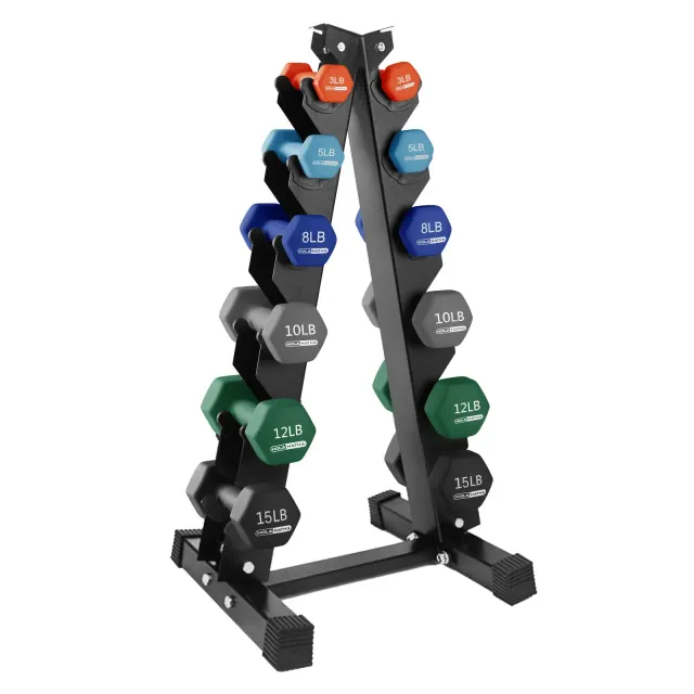 HolaHatha 3, 5, 8, 10, 12, and 15 Pound Neoprene Coated Grip Hexagon Dumbbell Weight Set and Storage Rack Stand for Various Strength Training Workouts