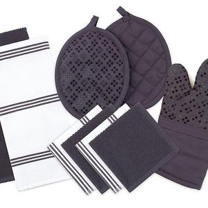 Sticky Toffee Silicone Printed Oven Mitt & Pot Holder, Cotton Terry Kitchen Dish Towel & Dishcloth, Gray, 9 Piece Set