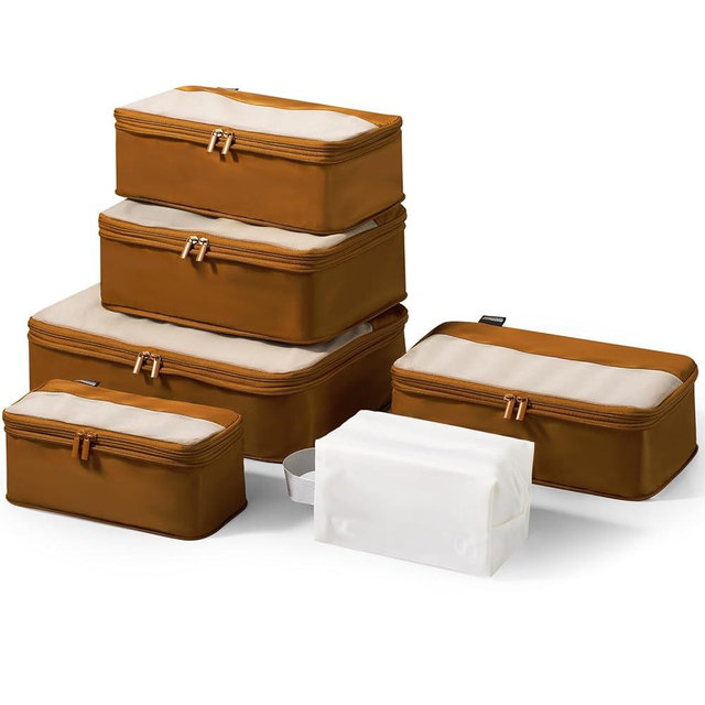 6 Set Compression Packing Cubes for Travel Essentials, Luggage Organizers for Suitcases (Dark Brown)