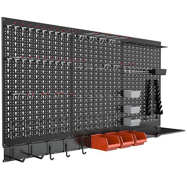 TORACK Metal Pegboard Wall Organizer System for Garage, 109PCS Pegboard Accessories Organizer Kit with Pegboard Bins, Hooks, Peg Locks, Pegboard Storage System for Workbench, Garage, Shop, Shed(Black)