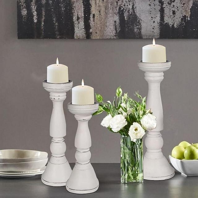 Lightnpro Farmhouse Wooden Pillar Candle Holders Set of 3 White Antique - Tall Rustic Decorative Candle Stands for Home Decor, Table Centerpieces, and Weddings, Heights: 16, 14, 12 Inch