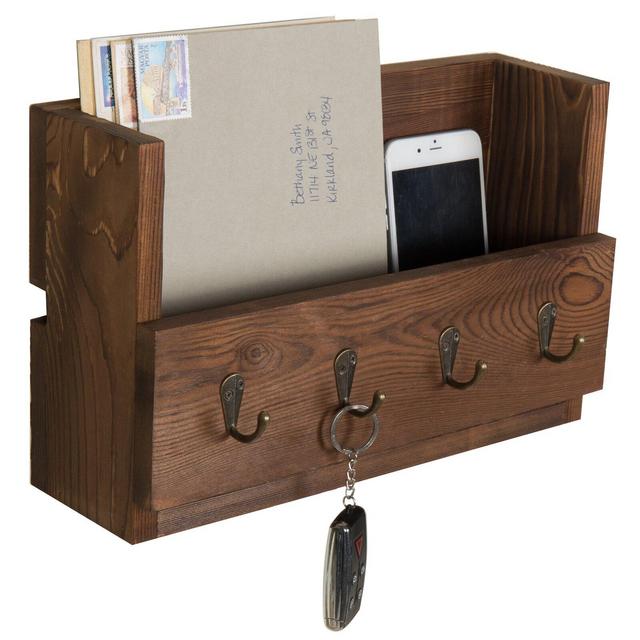 CatrineWood Wall Key and Mail Organizer with Key Hooks and Mail Storage