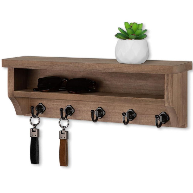 Nekon Key Holder Wall Mount, Wall Organizer Shelf with 5 Key Hooks, Room Decor for Home and Apartment Essentials, Brown
