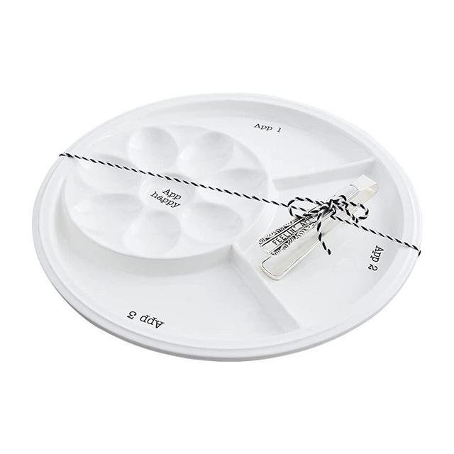 Mud Pie Circa Appetizer and Deviled Egg Platter Set, White, Dish 12" Dia | Tongs 4.5"