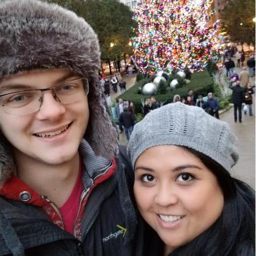 A picture from our first date in front of the big Christmas Tree in Chicago